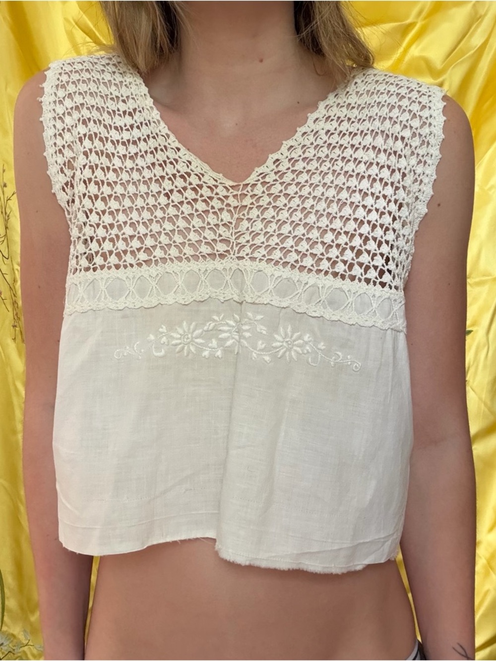 Antique Edwardian White Cotton Corset Cover Crochet Lace Cream Tank Top